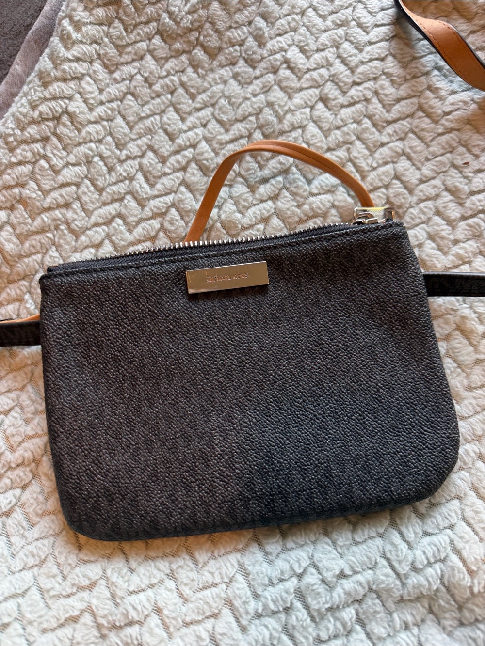 Michael Kors Dark Gray Wool Wristlet with Tan Strap